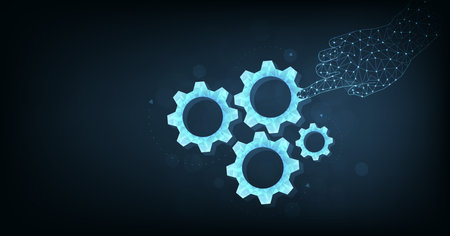 Glowing cogwheel icon on dark blue background. symbol of teamwork and cooperation concept. Strategy for success.のイラスト素材