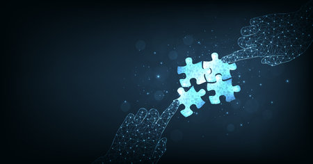 Teamwork and cooperation concept. Strategy for success. jigsaw digital technology blue on dark blue background. puzzle connect achievement low poly wireframe.のイラスト素材