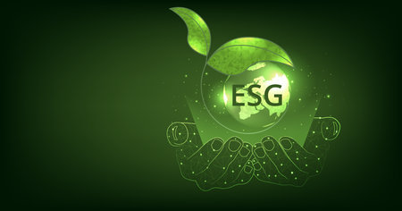 Environmental Social and Governance (ESG) concept.The company development of a nature conservation strategy and Solving environmental, social and management problems with figure icons.のイラスト素材