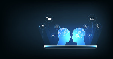 Human Chat with AI or Artificial Intelligence. AI chatbot or artificial intelligence can communicate through messages with humans naturally. Robot in online system.Futuristic technologyのイラスト素材