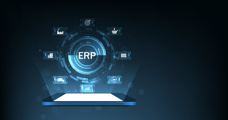 Enterprise resource planning (ERP)concept design. Enterprise resource planning business and modern technology concept on dark blue background.のイラスト素材