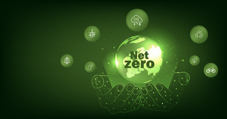 Concept of Net Zero emissions. Net Zero Emissions Goals With a connected icon on green circles background.のイラスト素材