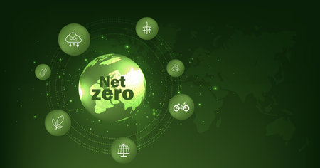 Net Zero emissions concept.Net Zero Emissions Goals With a connected icon on green circles background.のイラスト素材