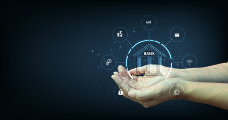 Online banking technology concept.Isometric illustration of the bank on dark blue background. Digital connect system. Financial technology concept.Vector illustration.EPS 10.の写真素材