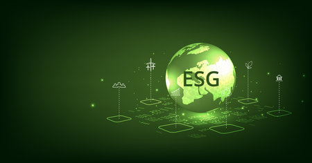 Environmental Social and Governance (ESG) concept. The company developed a nature conservation strategy and Solving environmental, social and management problems with figure icons.のイラスト素材