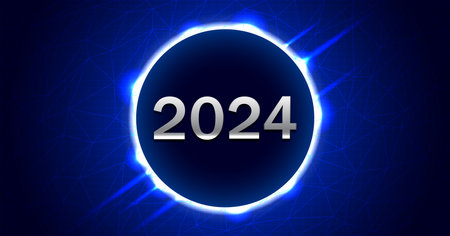 New Year 2024 Technology background. Dark blue low poly triangle connection New Year 2024 design background with sparkling glow effect.のイラスト素材