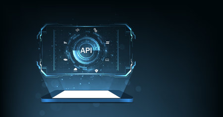 Application Programming Interface (API). Software development tools, information technology, modern technology, internet, and networking concept on dark blue background.のイラスト素材