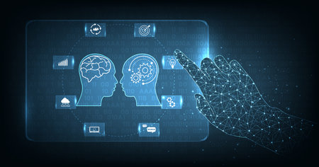 Human Chat with AI or Artificial Intelligence. AI chatbot or artificial intelligence can communicate through messages with humans naturally. Robot in online system. Futuristic technology.のイラスト素材