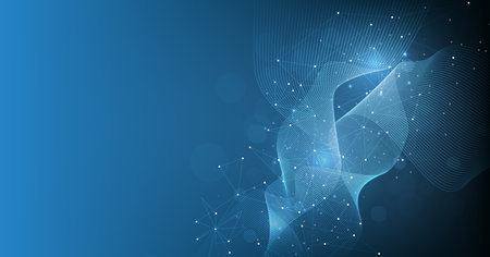 Abstract connection on dark blue background. High-tech Network technology background with dots and lines connection system.Vector abstract technology on blue background.のイラスト素材