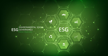 Environmental Social and Governance (ESG) concept. The company developed a nature conservation strategy and Solved environmental, social, and management problems with figure icons.のイラスト素材