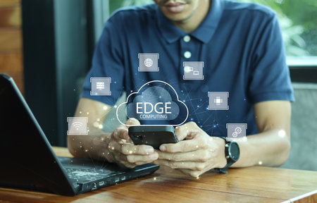 Edge computing modern IT technology concept. Cloud circuit with icons on dark background. Futuristic tech of data processing.の写真素材