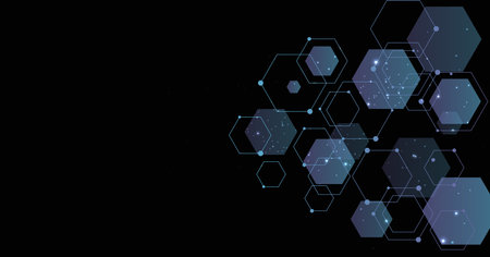 Background of hexagon geometric purple colored pattern bright. Geometric hexagon on Black Background.のイラスト素材