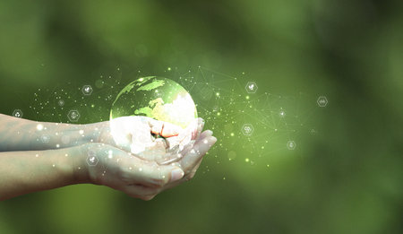 The idea of reducing CO2 emissions to limit global warming.Lower CO2 levels with development of renewable energy, planting tree, and green energy to stop climate changeの写真素材