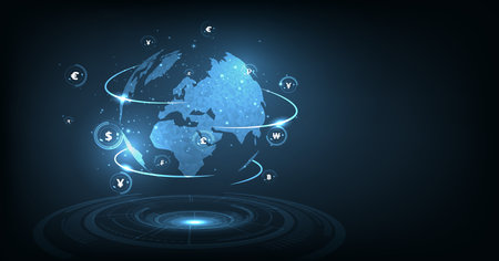 Global currency money transfer concept.Global network connection.Global currency exchange, Foreign exchange, Payment mechanism.Global Currency. Vector Illustration.のイラスト素材