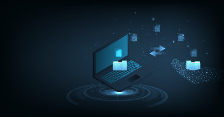 Document management and Data transfer through cloud technology. Exchange data with modern internet technology on a dark blue background. Files data system relocation concept.のイラスト素材