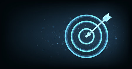 Set up objectives and targets for business investment concepts. The blue round-shaped target consisting of polygons with a thin arrow represents of setting goals correctly on a dark background.のイラスト素材