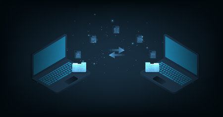 Document management and digital document paperless operation concept. Document management and Data transfer through cloud technology with modern internet technology on the dark blue background.のイラスト素材