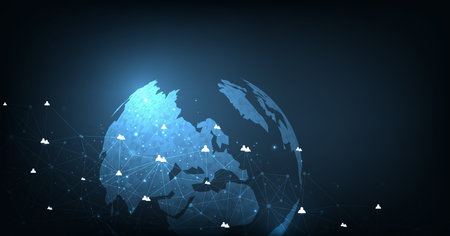 Communication and Social media network concept. Social media network and remote work hologram on dark blue background. Hi-tech digital technology concept.のイラスト素材