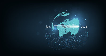 Concept of loading progress from 2023 to 2024. Hand-holding a globe with a download status bar to change from 2023 to 2024 for the countdown of Happy New Year by technology concept.のイラスト素材