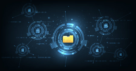 Document management and digital document paperless operation concept. Document management and Data transfer through cloud technology with modern internet technology on the dark blue background.のイラスト素材