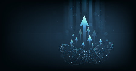 Growth business and successful with arrow up digital on Hand holding on a dark blue background. Concept of goals to be successful.のイラスト素材