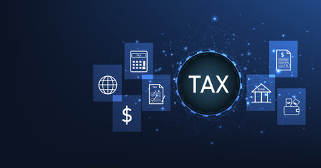 Tax payment concept. Tax system icons that are paid around the world on a dark blue background Data analysis, paperwork, and financial research. Calculation of tax return.のイラスト素材
