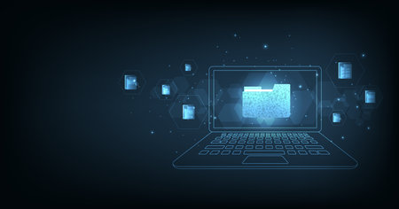 Document management and digital document paperless operation concept. Document management and Data transfer through cloud technology with modern internet technology on the dark blue background.のイラスト素材