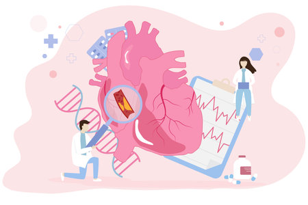 Ischemic heart disease. Human heart with arteries clogged from fat Narrowing of the coronary arteries, which can result in chest pain and heart attack.のイラスト素材