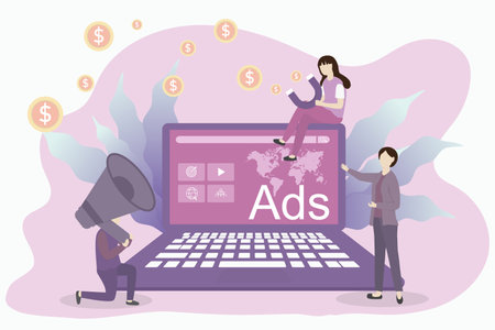 Online marketing and website advertising concept. A businessman using computer with digital marketing strategy analysis promotion of products or services through digital channels.のイラスト素材