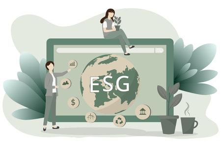 Environmental Social and Governance (ESG). businesspeople offer Environmental Social and Governance strategies using laptop for ESG topic presentation. Sustainable business practice.のイラスト素材