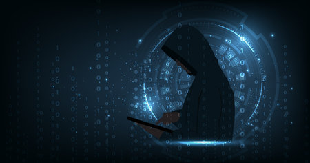 Cybercrime concept. The man in a hood is standing and hacking with the iPad on a dark blue background.のイラスト素材