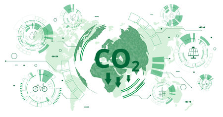 Reduce CO2 emissions to limit global warming. Lower CO2 levels with sustainable development of renewable energy, planting tree, and green energy to stop climate change.のイラスト素材