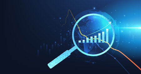 Concepts of data analysis and growth business.Abstract design of magnifying glass growth business on successful with graph icon up digital on dark blue background.のイラスト素材