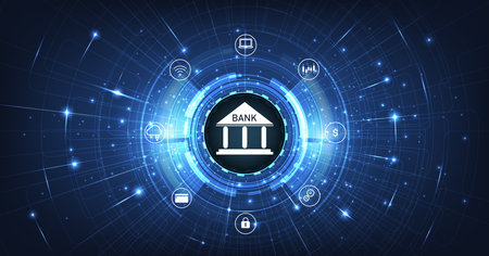 Online banking technology concept.Isometric illustration of bank on electric circuit lines background.Digital connect system.Financial technology concept.Vector illustration.EPS 10.のイラスト素材