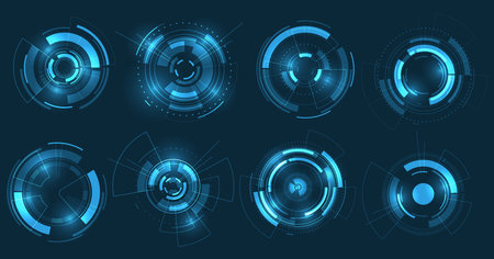 Set of User Interface HUD futuristic style.Abstract circles, geometric shapes, advanced technology segmentation, digital technology on a dark blue background.のイラスト素材
