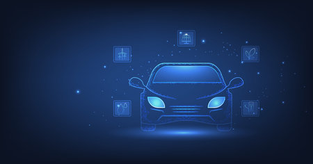 Green energy technology concept. Electric car charge battery in charging station Electricity from green energy. vector illustration design.のイラスト素材