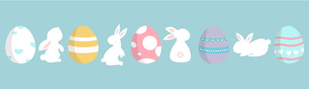 Vector Easter pattern with Easter egg and bunny drawings.easter egg icons and cute rabbits with decoration patterns vector illustration.のイラスト素材