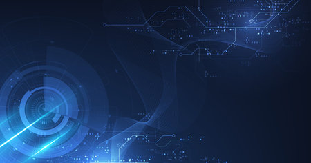 Digital electric circuit circle background.Image electric circuit on dark blue background.High tech circuit board connection system concept.のイラスト素材
