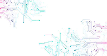 Technology circuit diagram pink, blue. High-tech circuit board connection system.Vector abstract technology on a white background.のイラスト素材