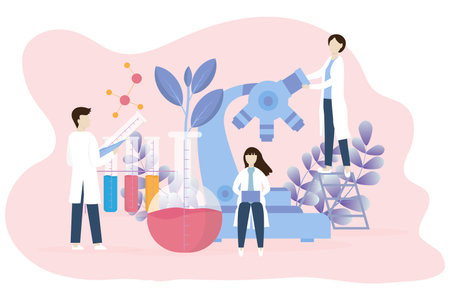 Scientific or Biotech Experiment Laboratory concept. science biology laboratory worker using test tubes, microscope in plants research.vector flat biotechnology illustration.のイラスト素材