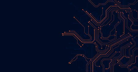 Dark Orange circuit diagram on dark blue background. digital circuit board technology background for internet connectivity concept.のイラスト素材