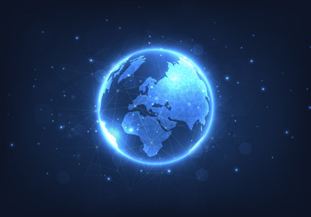 Global network technology background.World image on dark blue background.Communication technology for business.Futuristic globalization modern.3D vector illustration.のイラスト素材