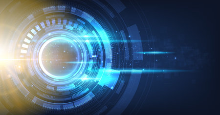 Digital electric circuit circle background.Image electric circuit on dark blue background.High tech circuit board connection system concept.のイラスト素材