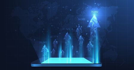 Concept of growth business on futuristic digital.growing arrow icon from triangle line particle design low poly. goals to be successful.のイラスト素材