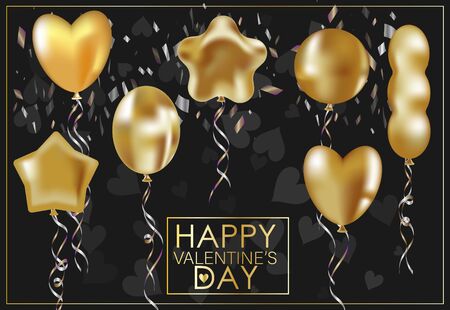 Greeting card for Valentine's Day. Golden inflatable balloons with confetti on a black background. Trending topic. Can be used as banner, flyer, invitation.のイラスト素材