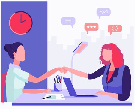Flat style illustration. Consultation, employment, interview. Office Workers Meeting. Women working in the office. Staff recruitment. Resume review. Cooperation, handshake. Work agreement.のイラスト素材