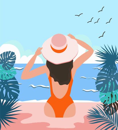 Girl in a swimsuit and a hat on the beach. Summer rest. Sea or ocean coast. A woman is sunbathing. Tropics. Flat style illustration.のイラスト素材