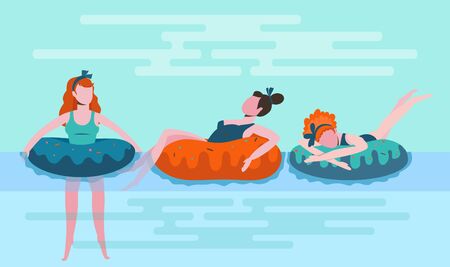 Girls on a summer vacation. Women in swimsuits swim in the pool. Cake-shaped rubber ring. Flat illustration. Women's company.のイラスト素材