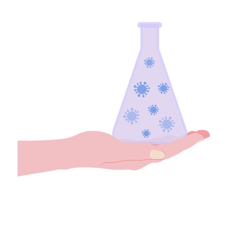 Coronavirus illustration. A hand holds a flask with a virus pathogen. Isolated on a white background. The study of the disease. Pathogen experimentsのイラスト素材