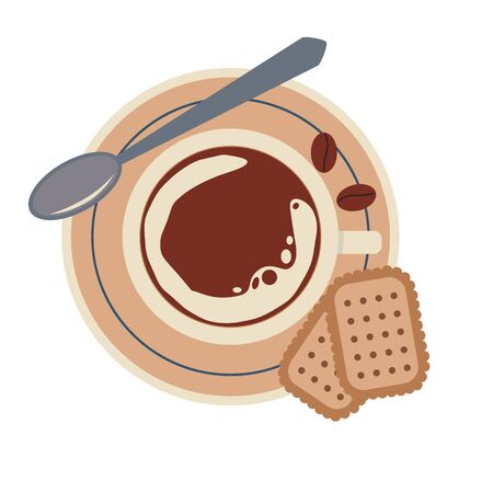 A cup of coffee with a saucer, cookies and a spoon. Flat illustration isolated on a white background. The theme of comfort and relaxation.のイラスト素材